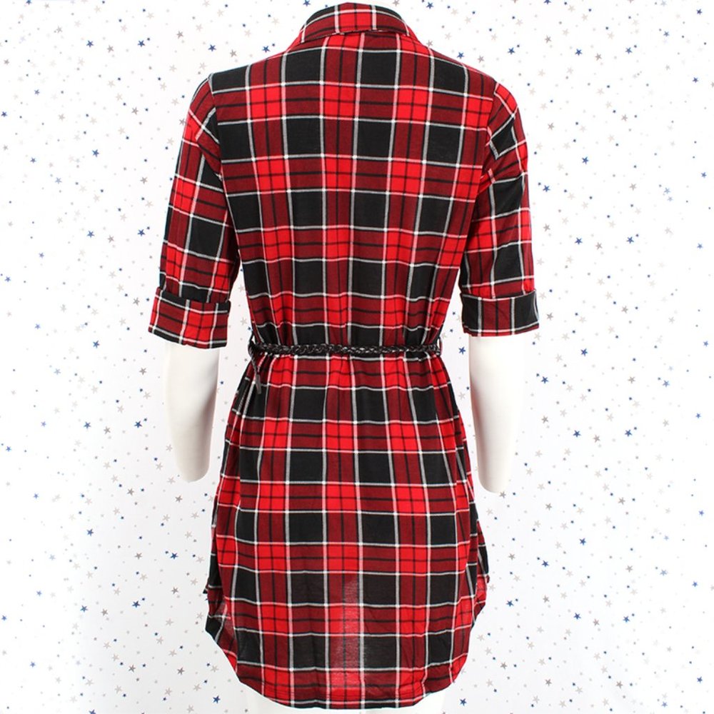 Half Sleeve Plaid Shirt Dress with Belt Red Black - Picture 5 of 8